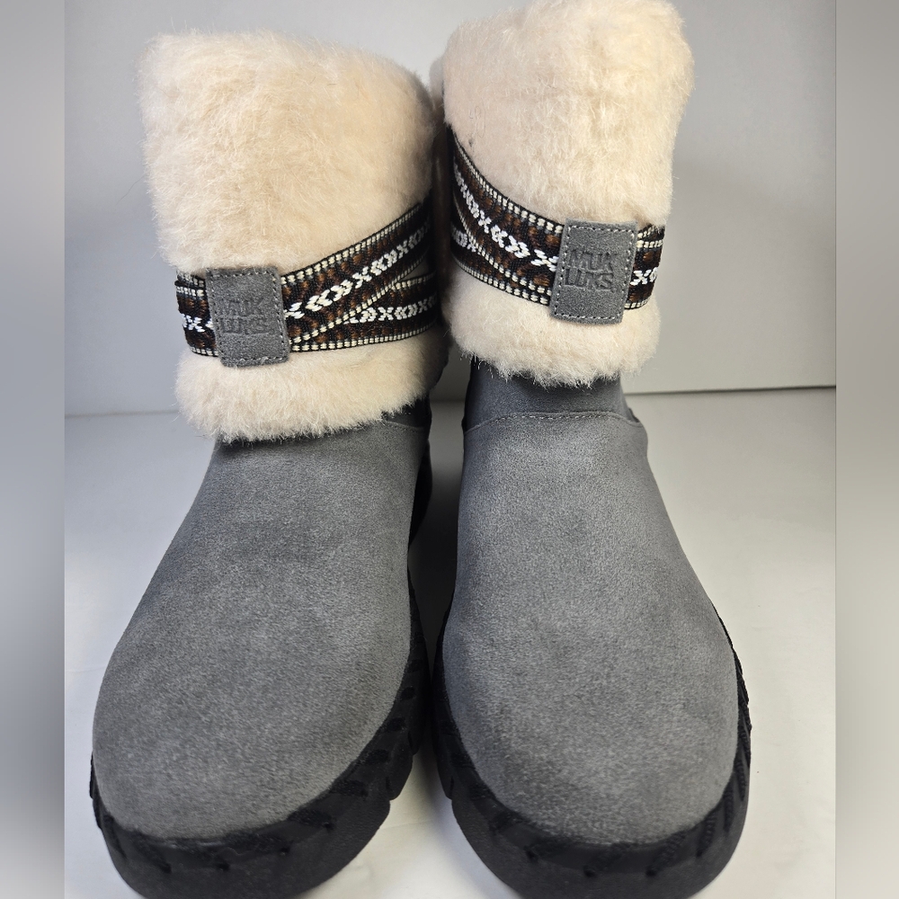 NEW Muk Luks Womens Flexi Montauk Boots Size 7 Gray Suede Faux Fur Winter Snow - Picture 3 of 8